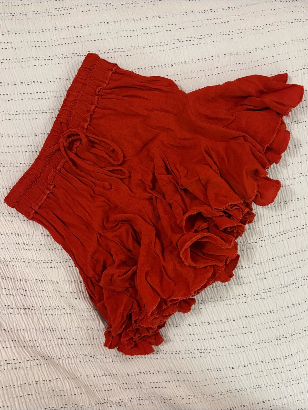 Olivaceous Rust Orange/Red Ruffle Mini Skirt with Drawstring Waist